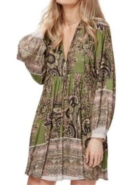 Free People Say You Love Me Silky Mini Dress Henley Tunic Dress Green Combo
